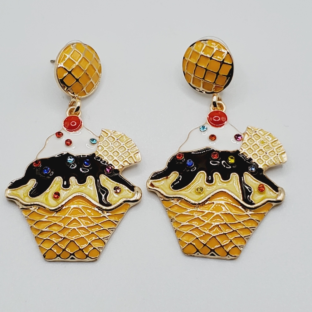 Ice cream sundae stud dangle earrings statement big 3D gold crystals sparkle new